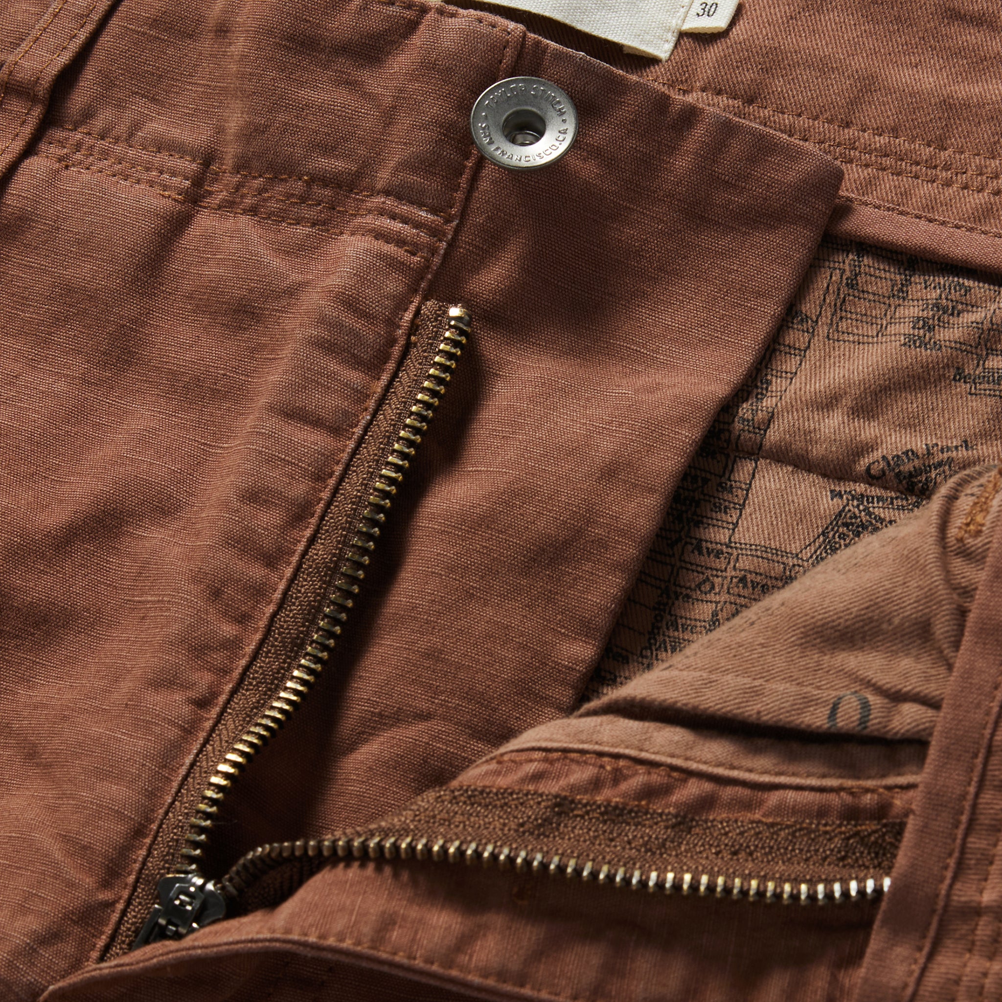 material shot of the fly on The Morse Pant in Mahogany Slub, Bottoms by Taylor Stitch