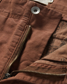 material shot of the fly on The Morse Pant in Mahogany Slub, Bottoms by Taylor Stitch