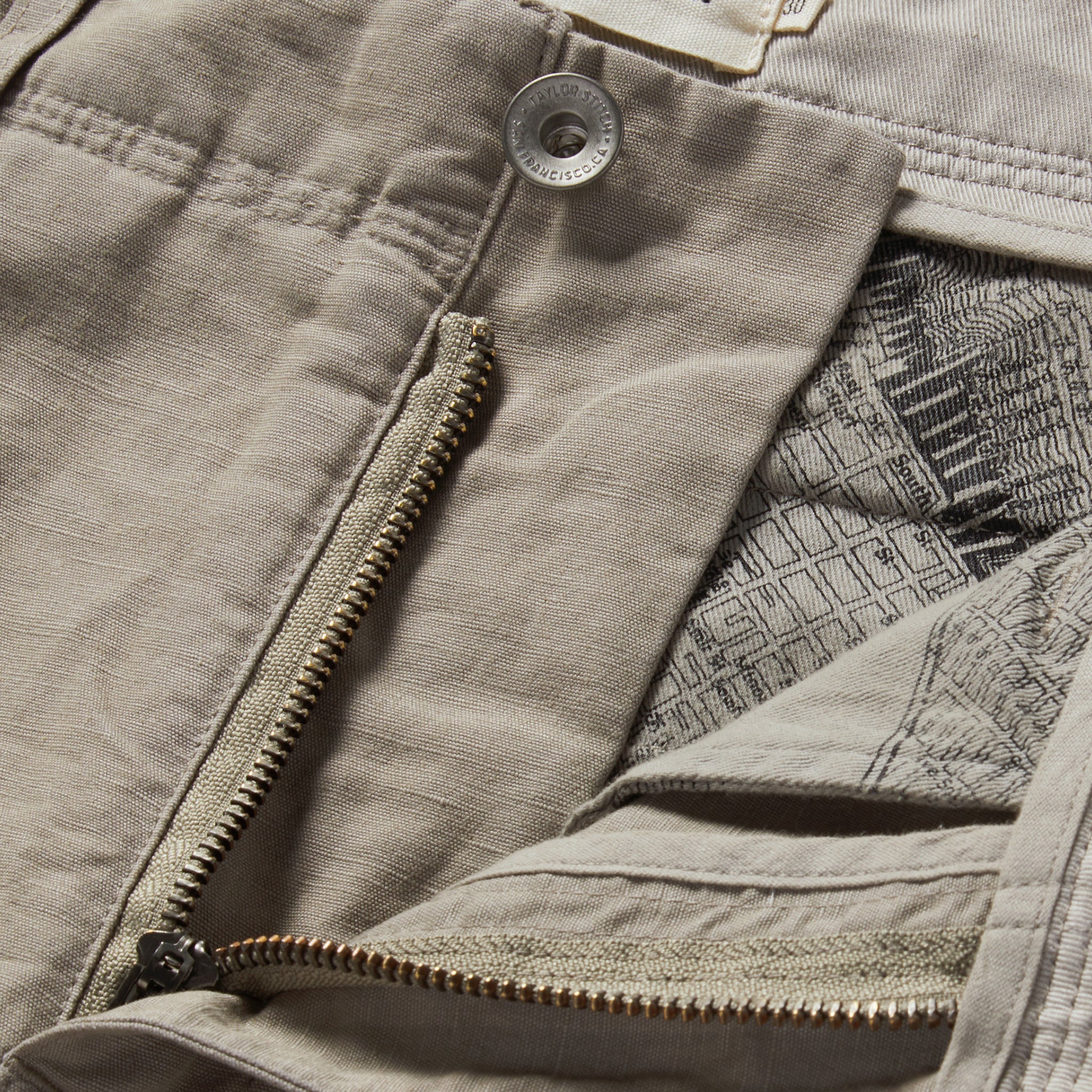 material shot of the zipper fly on The Morse Pant in Oyster Slub, Bottoms by Taylor Stitch