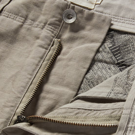 material shot of the zipper fly on The Morse Pant in Oyster Slub