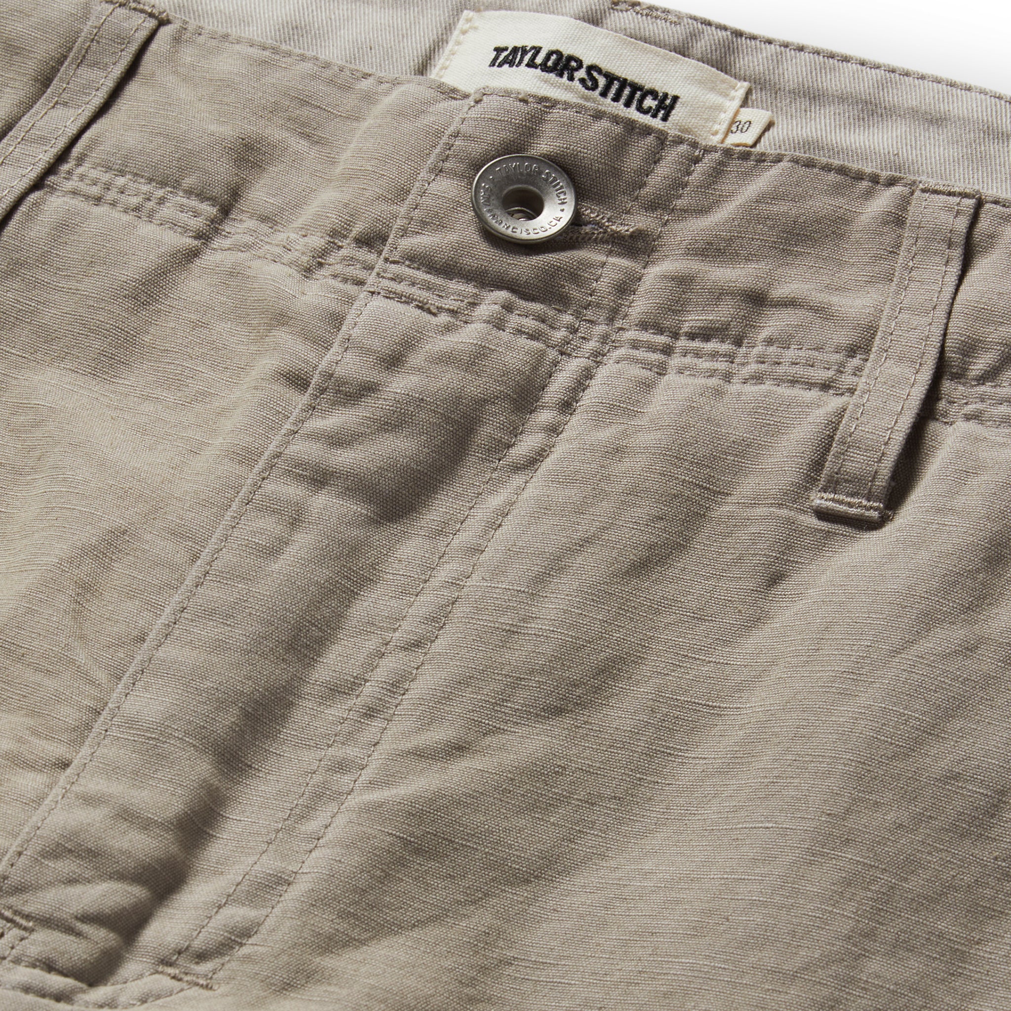 material shot of the button fly on The Morse Pant in Oyster Slub, Bottoms by Taylor Stitch