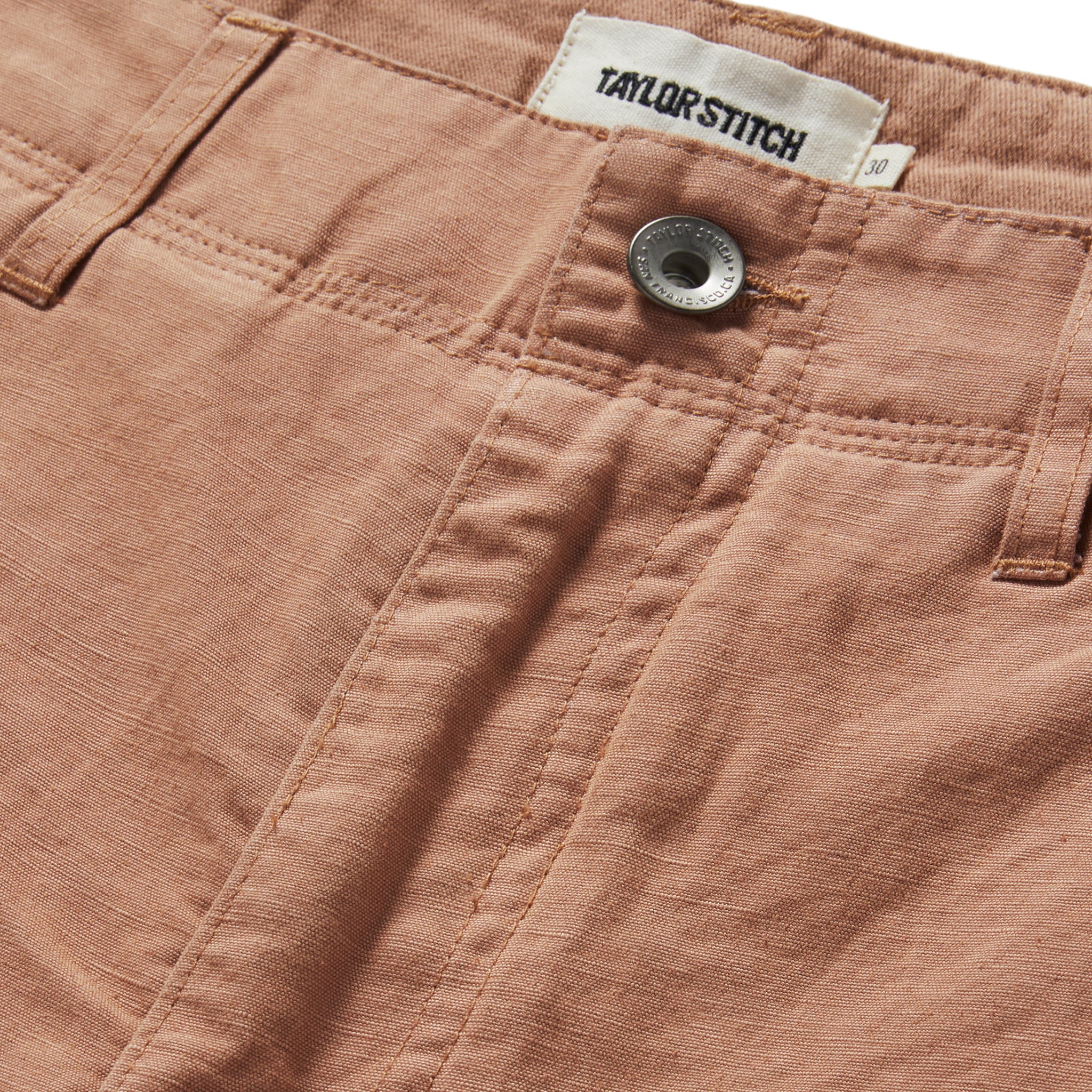 material shot of the button fly on The Morse Short in Dried Acorn Slub, Bottoms by Taylor Stitch