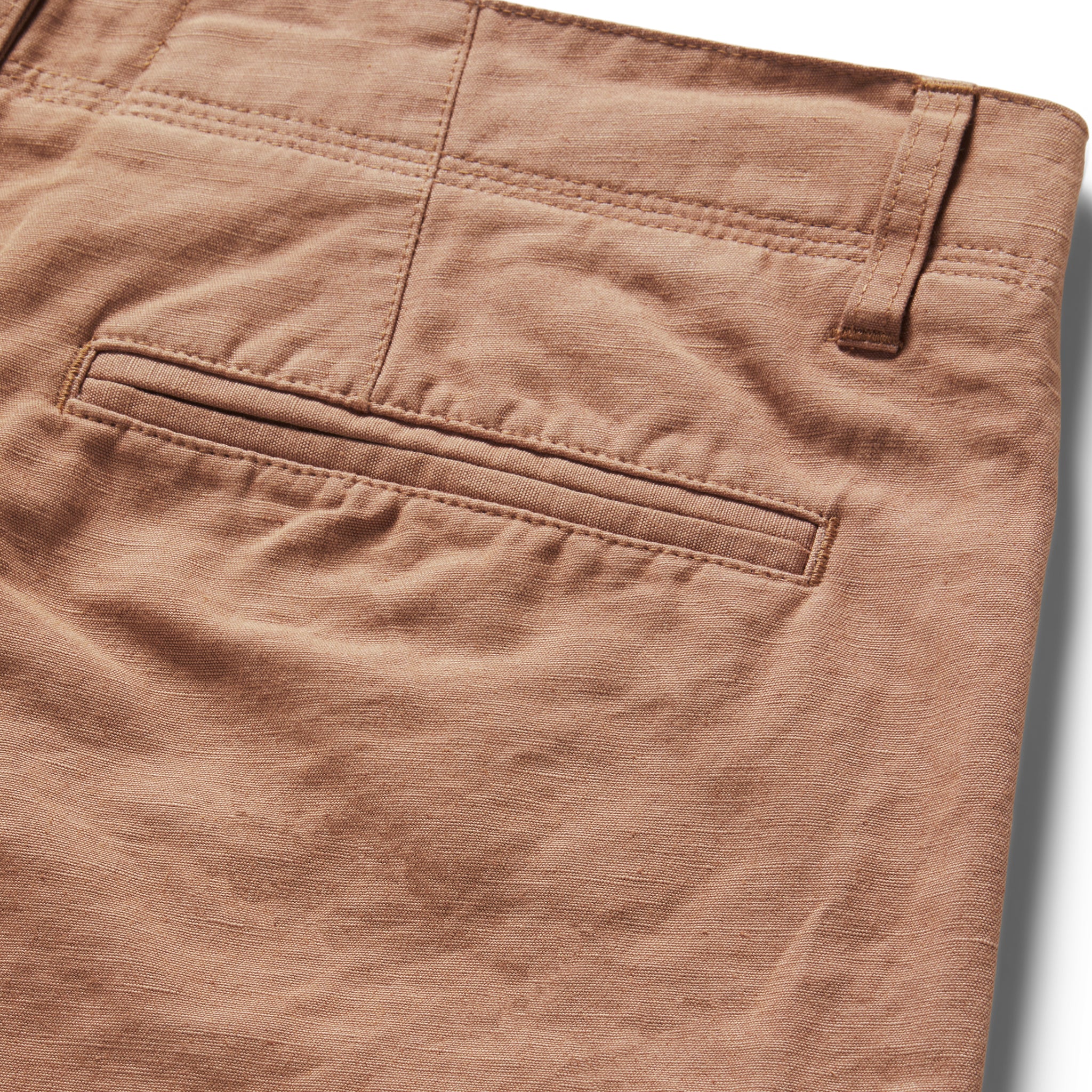 material shot of the back pocket on The Morse Short in Dried Acorn Slub, Bottoms by Taylor Stitch
