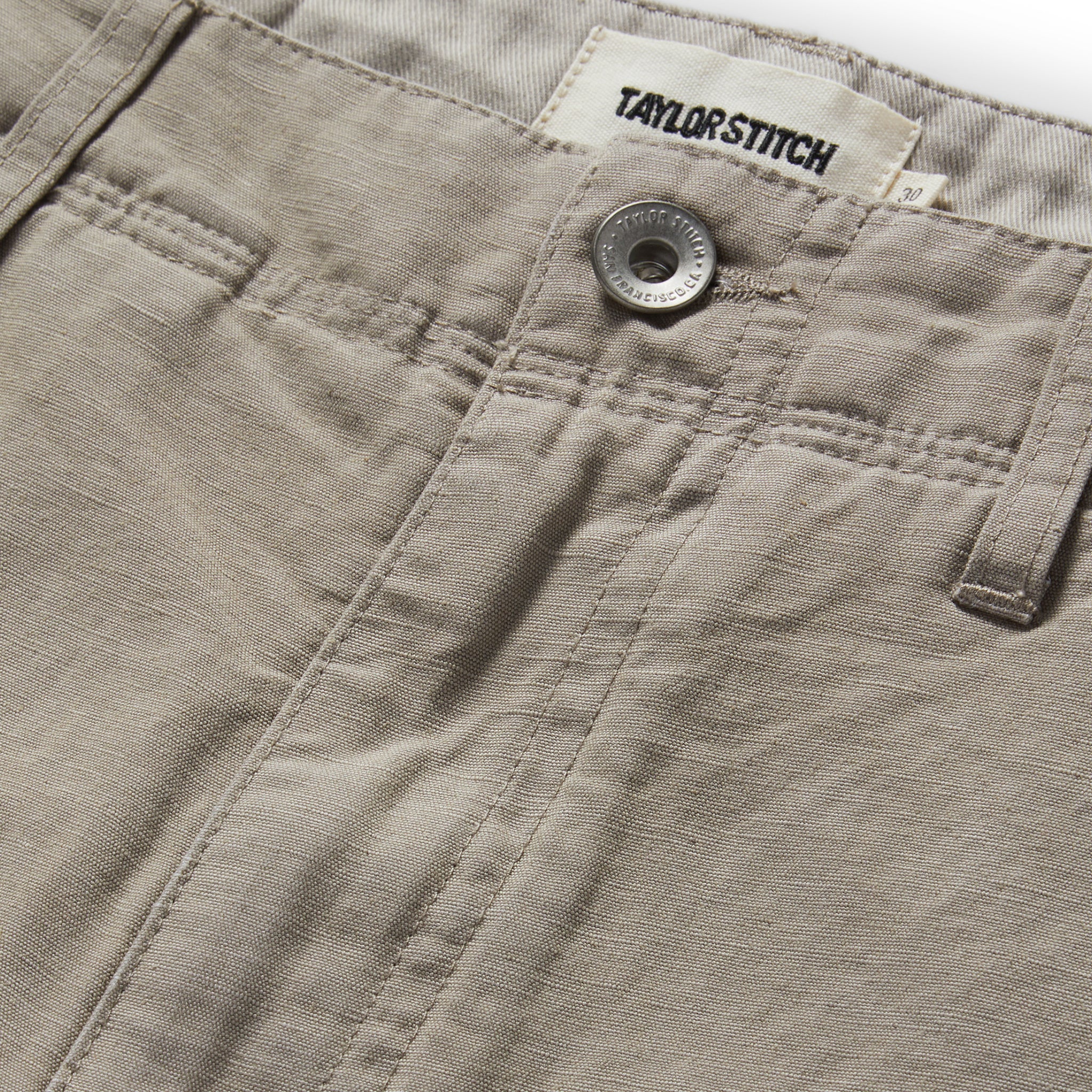 material shot of the button fly on The Morse Short in Oyster Slub, Bottoms by Taylor Stitch