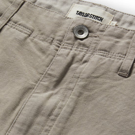 material shot of the button fly on The Morse Short in Oyster Slub