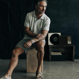 fit model sitting in The Morse Short in Slate Slub