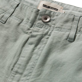 material shot of the button fly on The Morse Short in Slate Slub