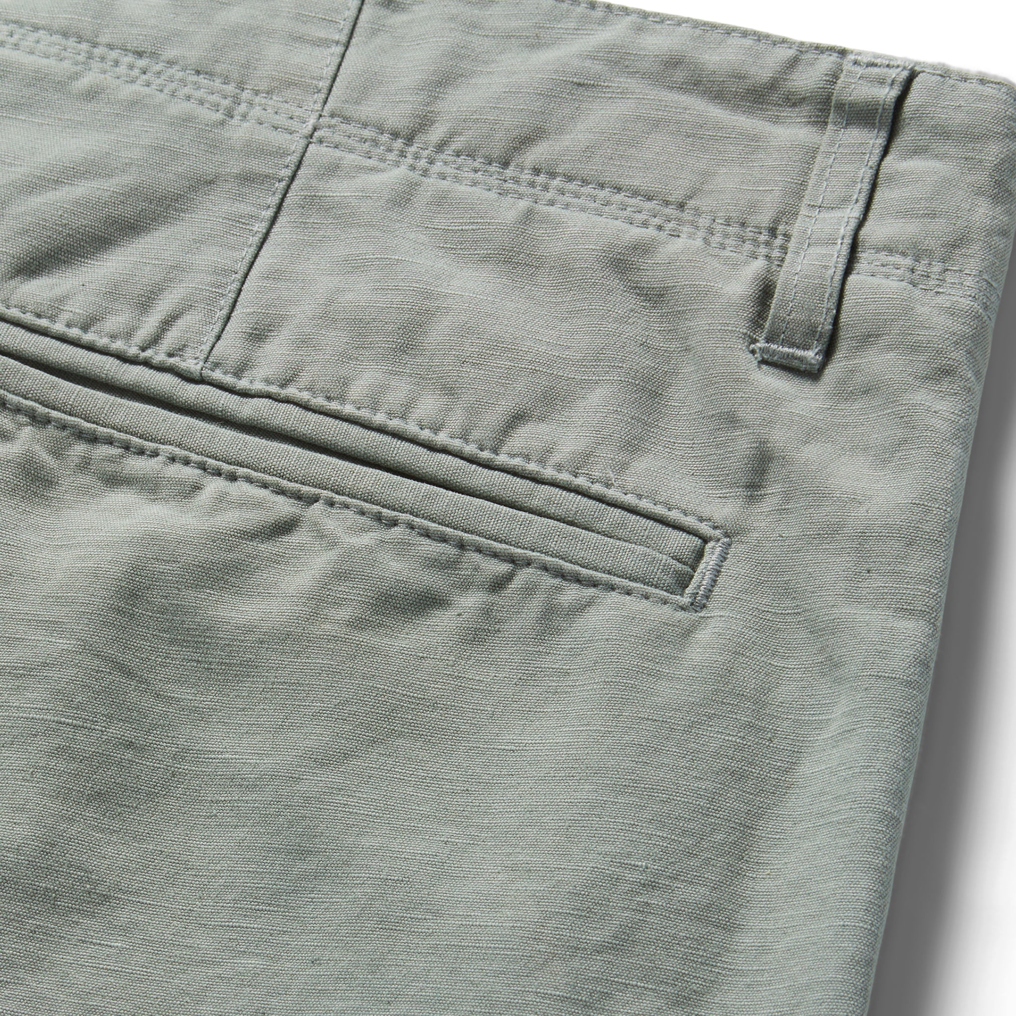 material shot of the back pocket on The Morse Short in Slate Slub, Bottoms by Taylor Stitch