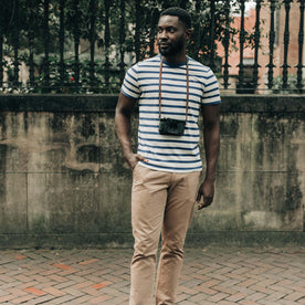 fit model wearing The Organic Cotton Tee in Daybreak Stripe