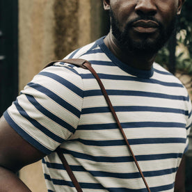 fit model showing the stripe pattern on The Organic Cotton Tee in Daybreak Stripe