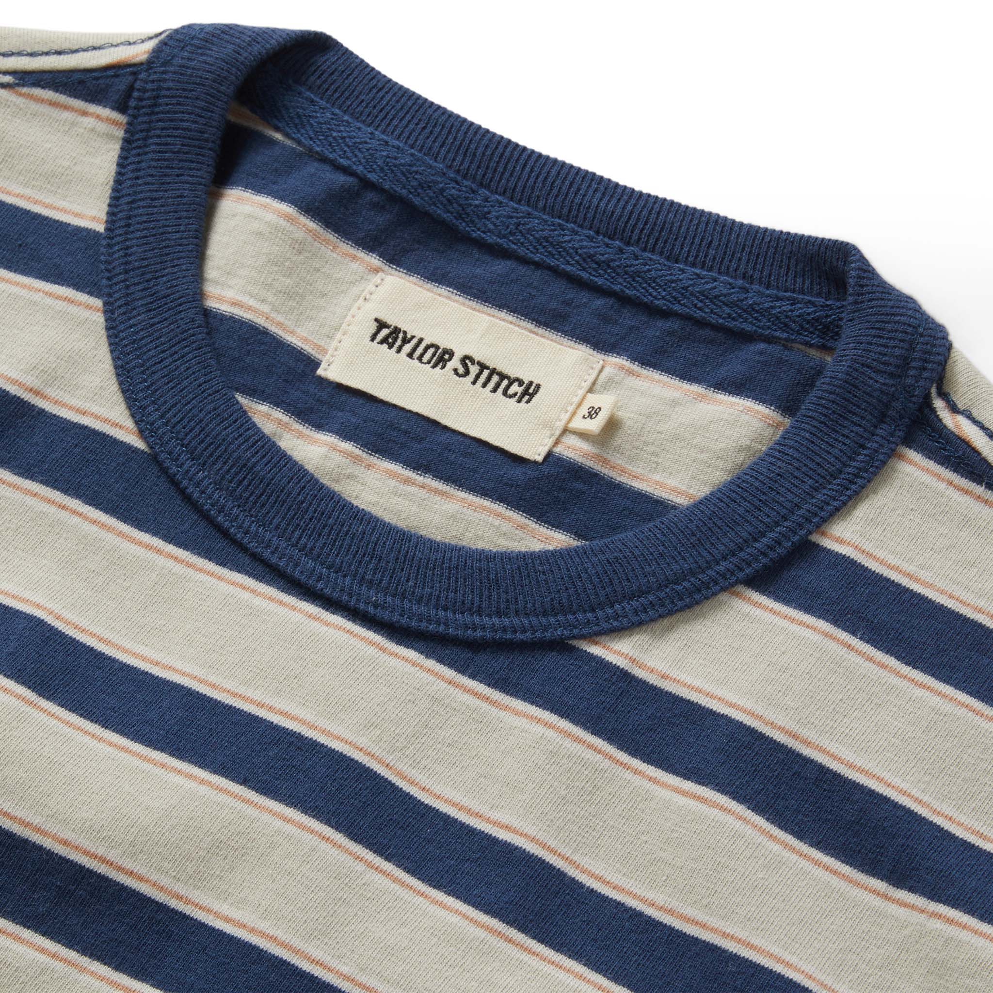 material shot of the collar on The Organic Cotton Tee in Daybreak Stripe, Knits by Taylor Stitch