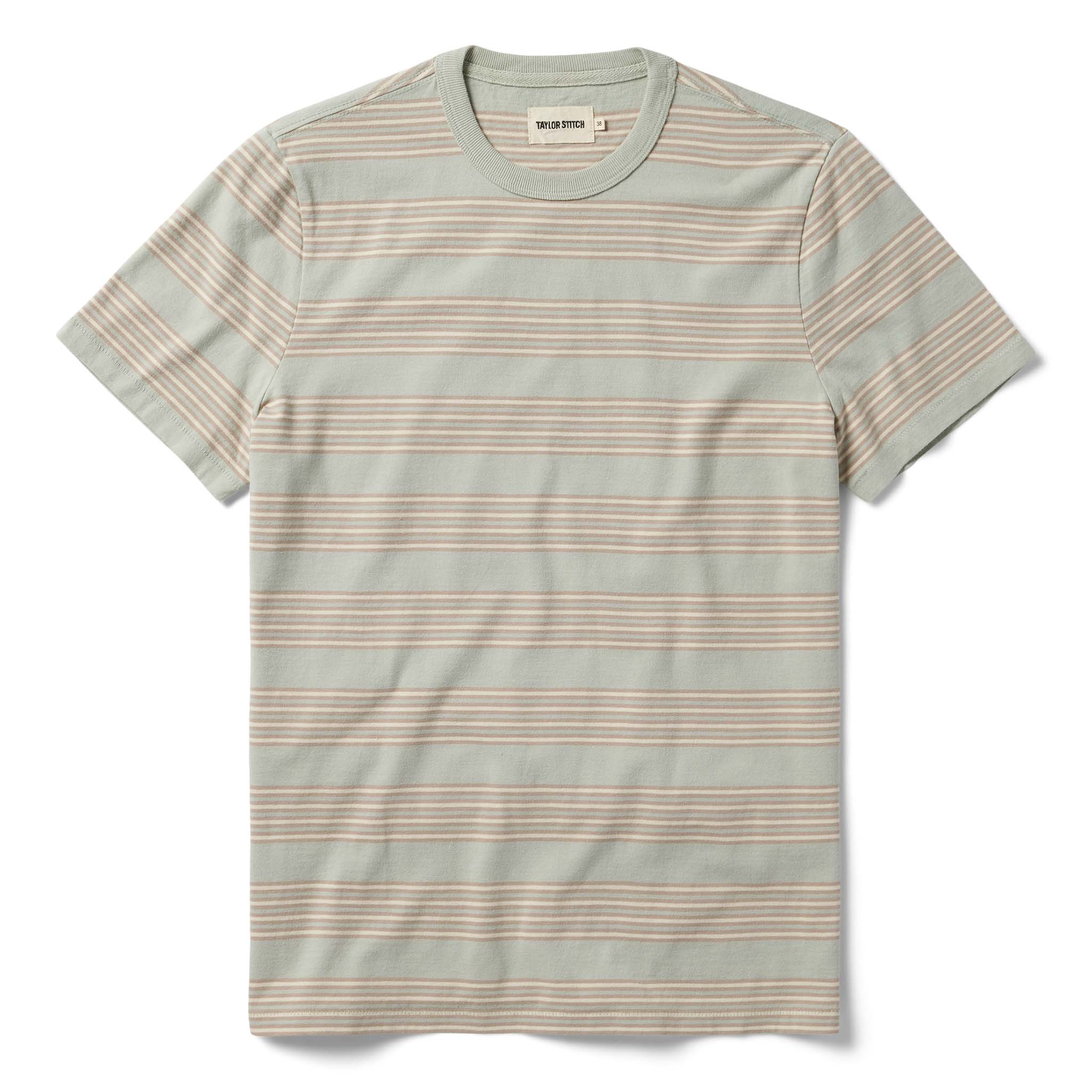 flatlay of The Organic Cotton Tee in Seafoam Stripe, Knits by Taylor Stitch