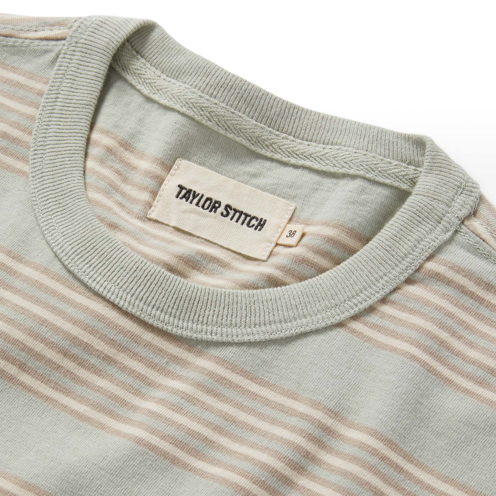 material shot of the collar on The Organic Cotton Tee in Seafoam Stripe, Knits by Taylor Stitch