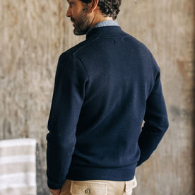 fit model showing the back of The Portola Bomber in Midnight Merino 