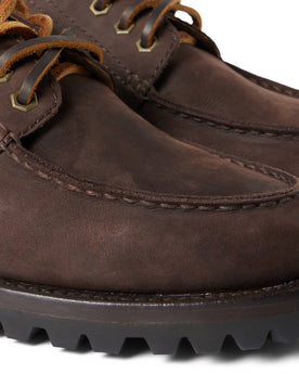 material shot of the toe on The Ridge Moc in Chocolate Nubuck, Footwear by Taylor Stitch