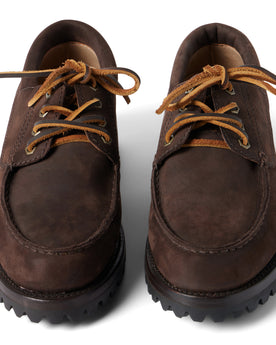 image of laces and front of The Ridge Moc in Chocolate Nubuck, Footwear by Taylor Stitch