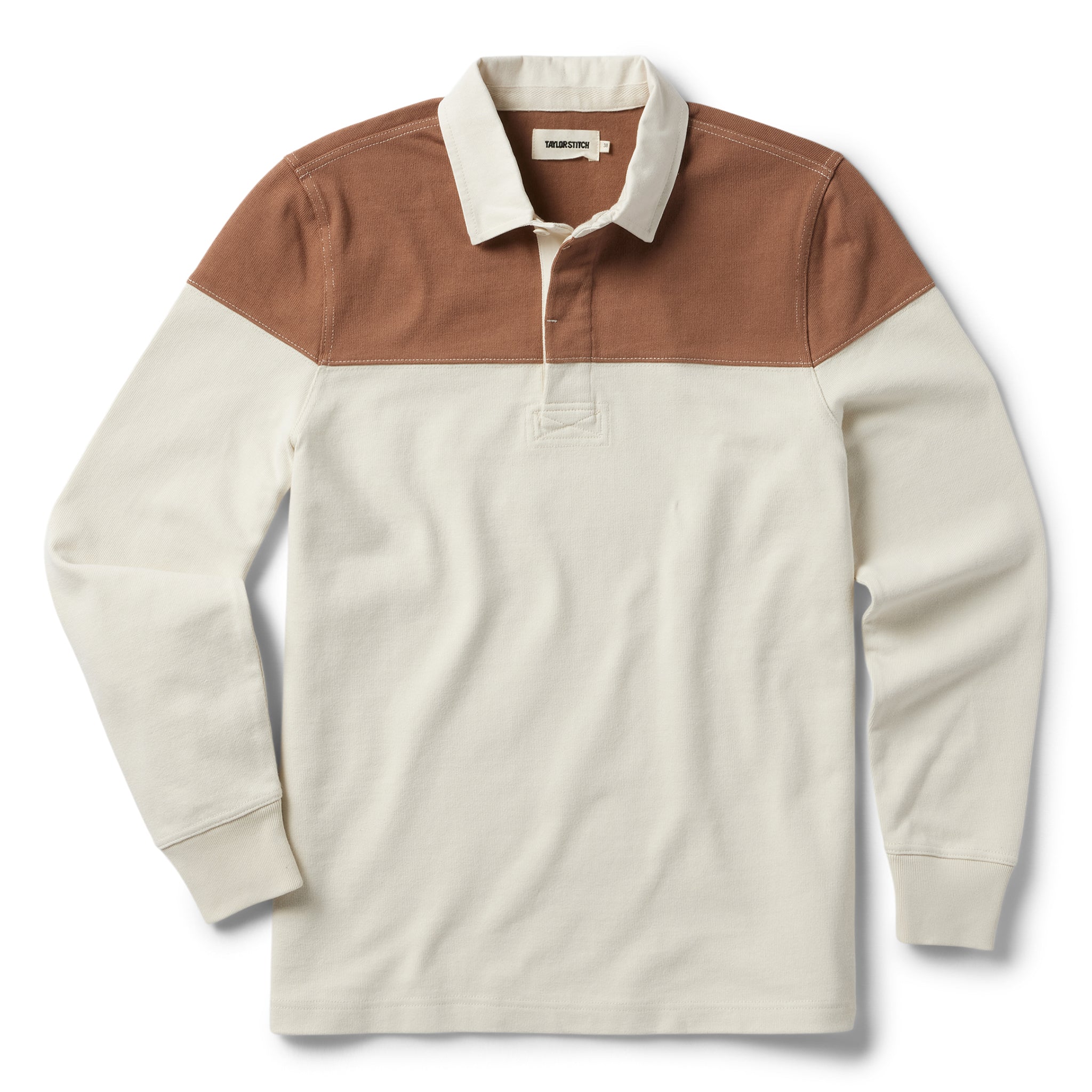 flatlay of The Rugby Shirt in Mahogany and Natural Color Block, Knits by Taylor Stitch