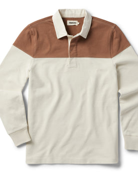 flatlay of The Rugby Shirt in Mahogany and Natural Color Block, Knits by Taylor Stitch