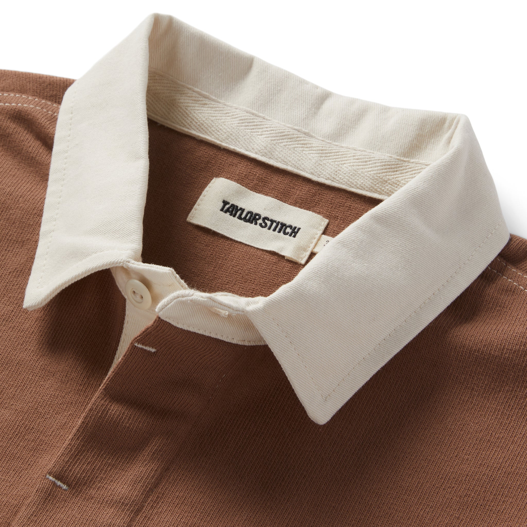 material shot of the collar on The Rugby Shirt in Mahogany and Natural Color Block, Knits by Taylor Stitch