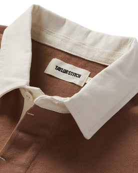 material shot of the collar on The Rugby Shirt in Mahogany and Natural Color Block, Knits by Taylor Stitch