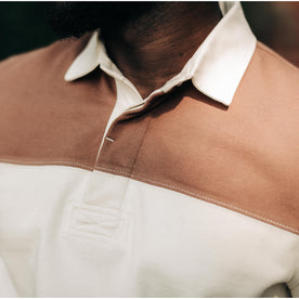 fit model showing off collar on The Rugby Shirt in Mahogany and Natural Color Block