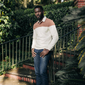fit model wearing The Rugby Shirt in Mahogany and Natural Color Block