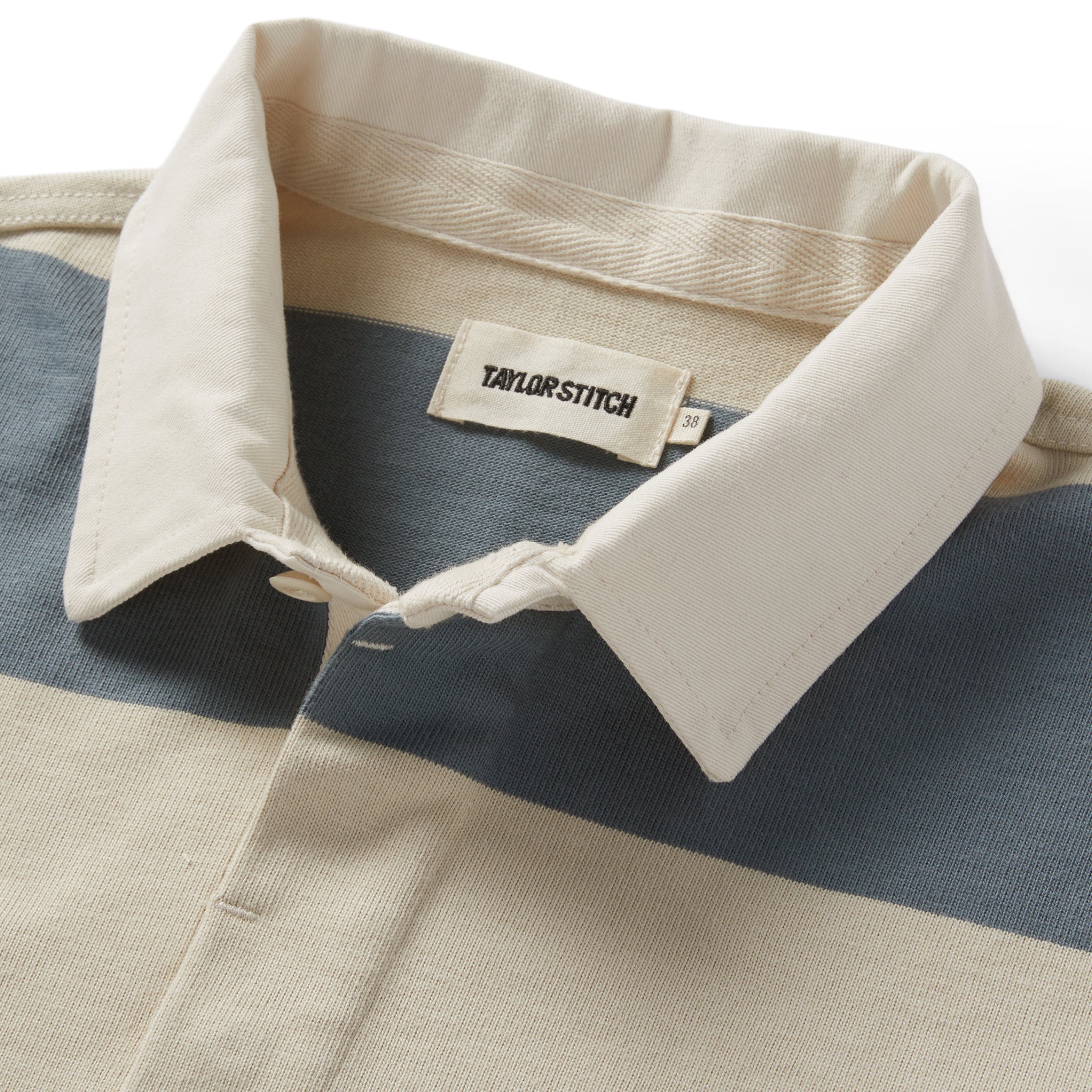 material shot of the collar on The Rugby Shirt in Storm Stripe, Knits by Taylor Stitch