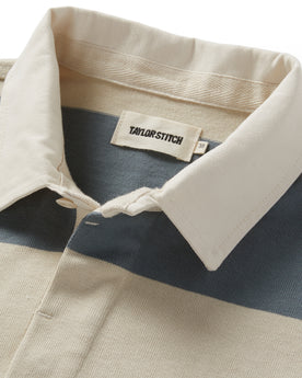 material shot of the collar on The Rugby Shirt in Storm Stripe, Knits by Taylor Stitch