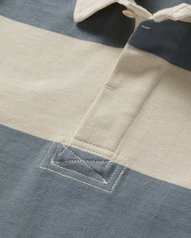 material shot of the buttons on The Rugby Shirt in Storm Stripe, Knits by Taylor Stitch