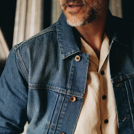 fit mode showing the front of The Ryder Jacket in Sun Bleached Denim