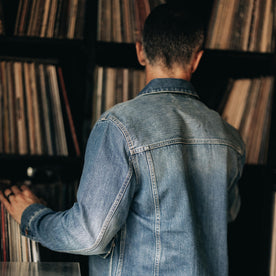 fit model showing the back of The Ryder Jacket in Sun Bleached Denim