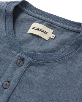 material shot of the collar on The Short Sleeve Heavy Bag Henley in Storm, Knits by Taylor Stitch