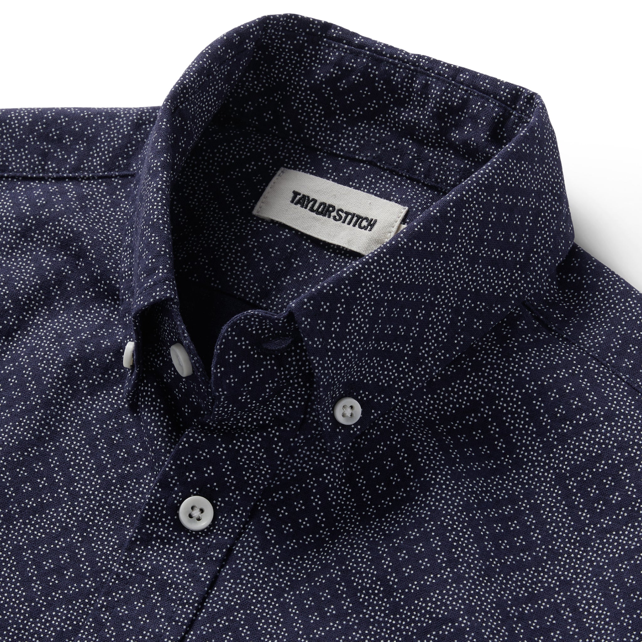 material shot of the collar on The Short Sleeve Jack in Navy Diamond, Wovens by Taylor Stitch