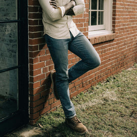 fit model posing in The Slim Jean in Fletcher Wash Organic Selvage
