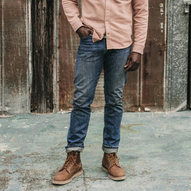 fit model posing in The Slim Jean in Sawyer Wash Organic Selvage