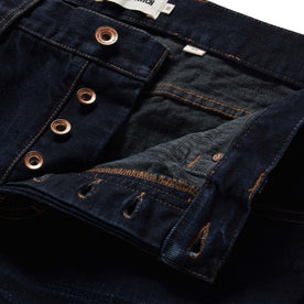 material shot of the button fly on The Slim Jean in Wallace Wash Organic Selvage