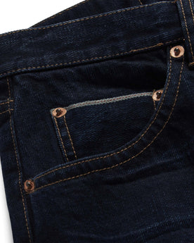 material shot of the selvage pocket on The Slim Jean in Wallace Wash Organic Selvage, Bottoms by Taylor Stitch