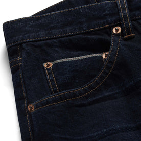 material shot of the selvage pocket on The Slim Jean in Wallace Wash Organic Selvage