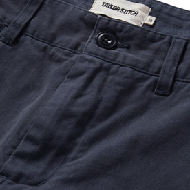 material shot of button fly on The Slim Foundation Pant in Organic Marine
