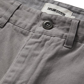 material shot of button fly on The Slim Foundation Pant in Organic Steeple Grey