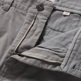 material shot of the zipper fly on The Slim Foundation Pant in Organic Steeple Grey