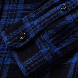 material shot of the cuffs on The Utility Shirt Rinsed Indigo Plaid