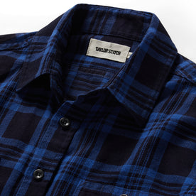 material shot of the collar on The Utility Shirt Rinsed Indigo Plaid