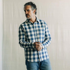 fit model posing in The Utility Shirt in Sun Bleached Indigo Check
