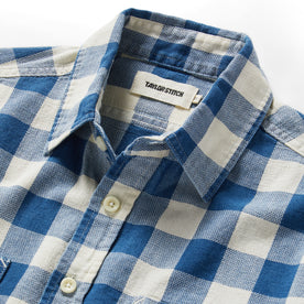 material shot of the collar on The Utility Shirt in Sun Bleached Indigo Check