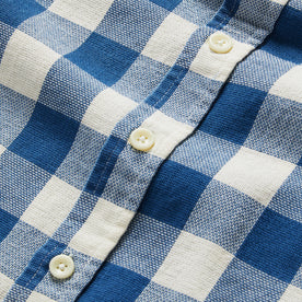 material shot of the buttons on The Utility Shirt in Sun Bleached Indigo Check