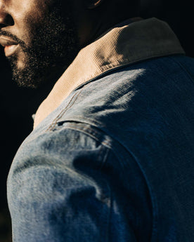 fit mode showing the collar of The Workhorse Jacket in Fletcher Wash Organic Selvage, Outerwear by Taylor Stitch