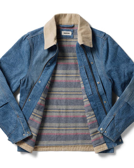 flatlay of The Workhorse Jacket in Fletcher Wash Organic Selvage, shown open, Outerwear by Taylor Stitch