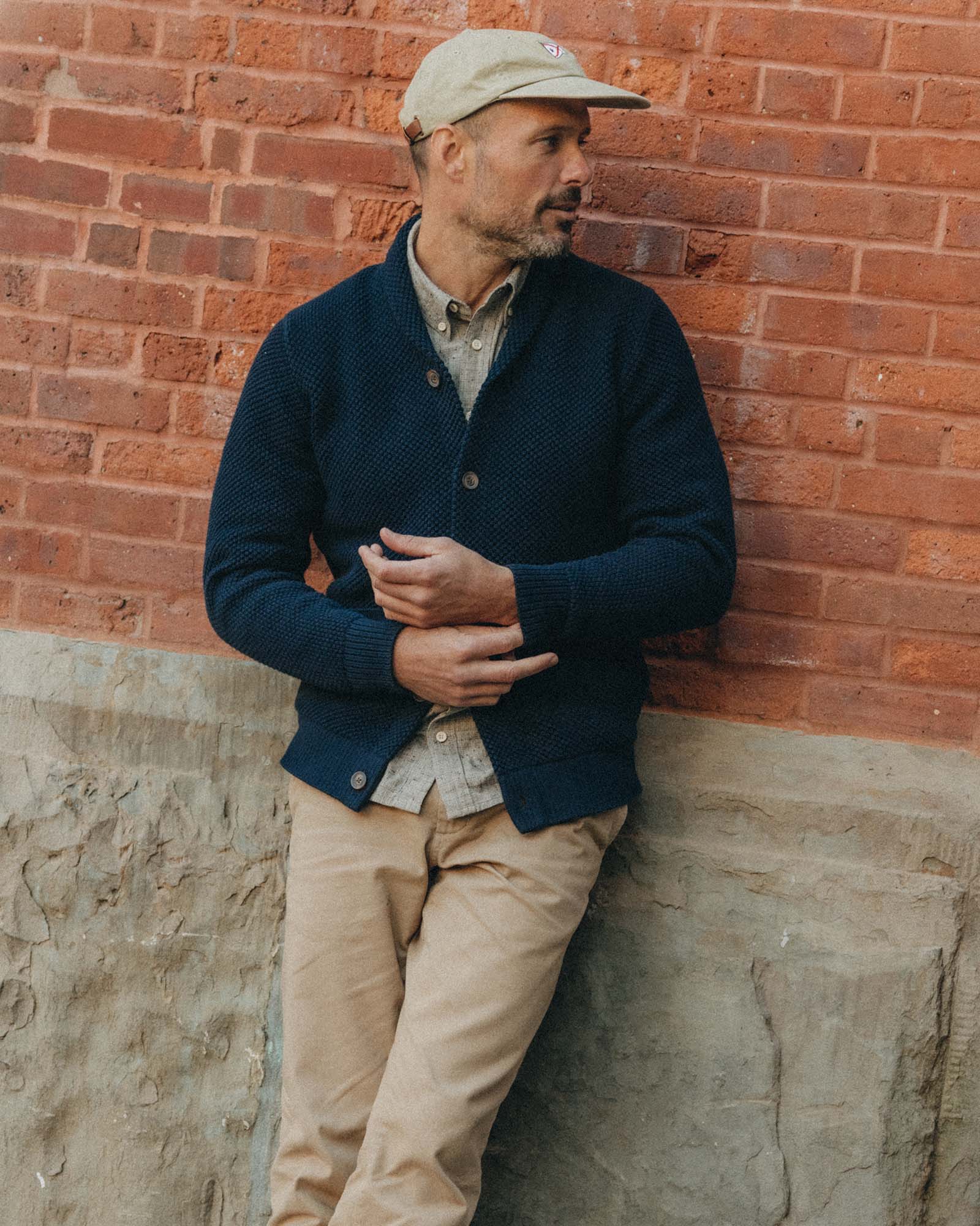 fit model rocking the The Crawford Sweater in Navy, Knits by Taylor Stitch