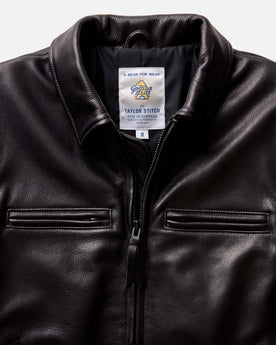 fit model in The Moto Jacket in Black Steerhide, Outerwear by Taylor Stitch